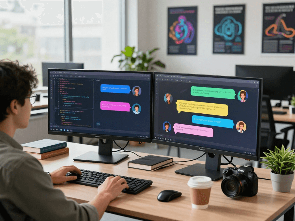 Dynamic spicy AI chat scene with a user engaging on dual monitors in a modern tech office.
