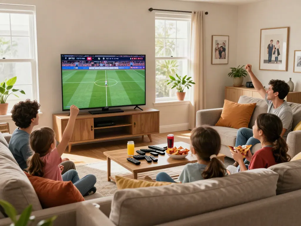 Family enjoying live sports while testing IPTV subscription in a cozy living room.