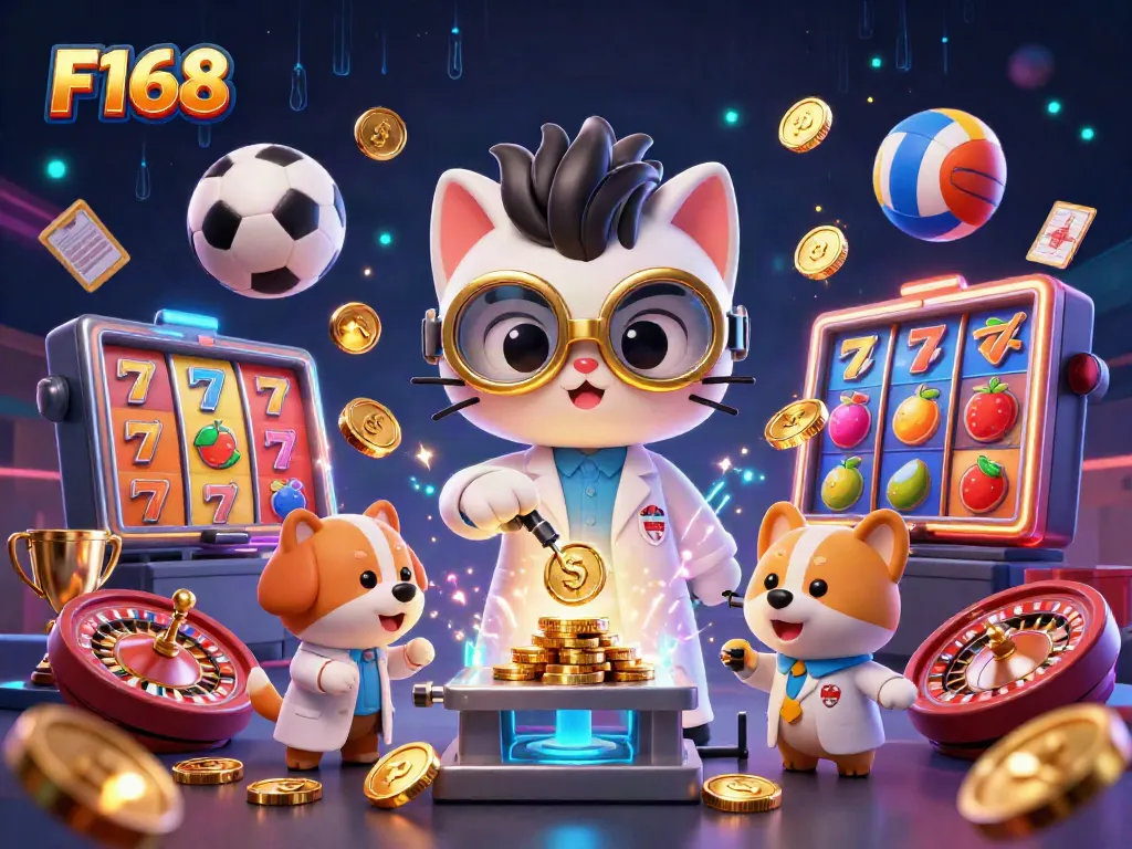 Engage in thrilling F168 gaming adventures with rich slot reels and cartoon characters in a dynamic casino scene.