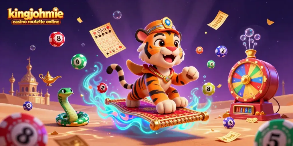 Experience kingjohnnie casino roulette online with a vibrant 3D illustration of a tiger sultan and dynamic gaming elements.