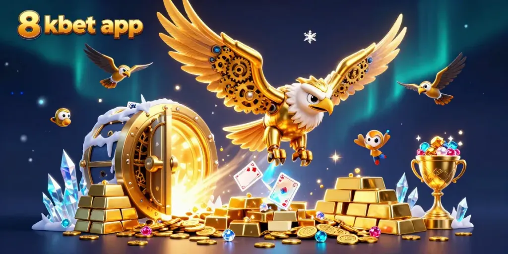 Experience thrilling gameplay with the 8xbet app, featuring a 3D cybernetic eagle amidst treasure.