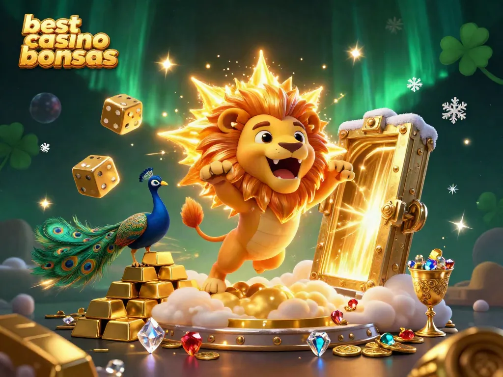 Experience the best casino bonuses with a dynamic 3D illustration featuring a roaring lion and golden treasures.