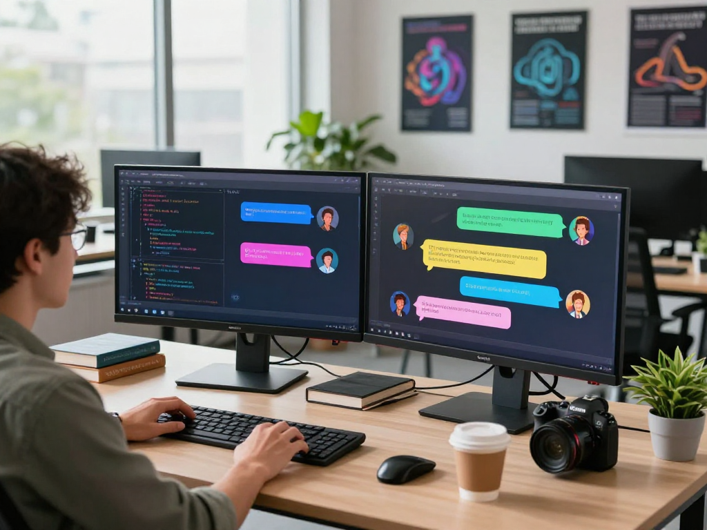 Dynamic spicy AI chat scene with a user engaging on dual monitors in a modern tech office.