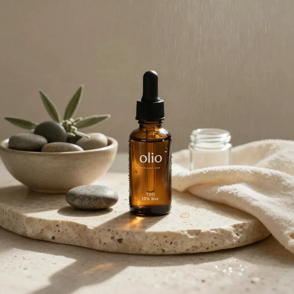 Flacone ambrato di olio CBD con pipetta, pietre lisce, canapa e lino su pietra bagnata.
