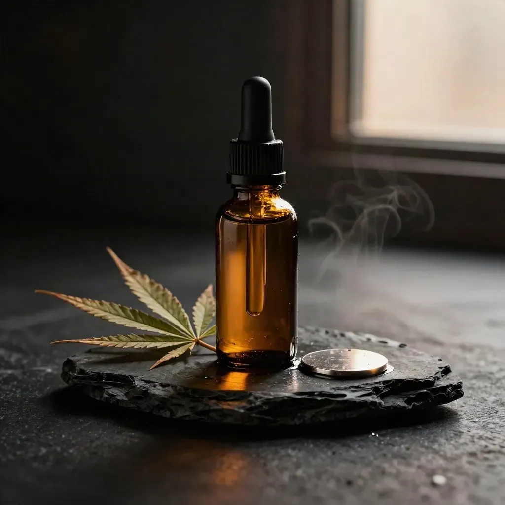 Flacone ambrato di olio CBD su pietra bagnata con foglia di canapa e luce drammatica