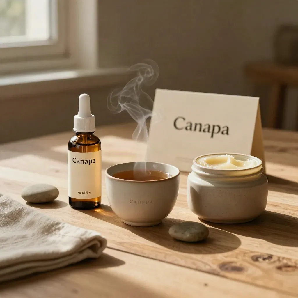 Bottiglia di olio CBD, tazza fumante e balsamo su legno chiaro, luce calda e atmosfera serale.