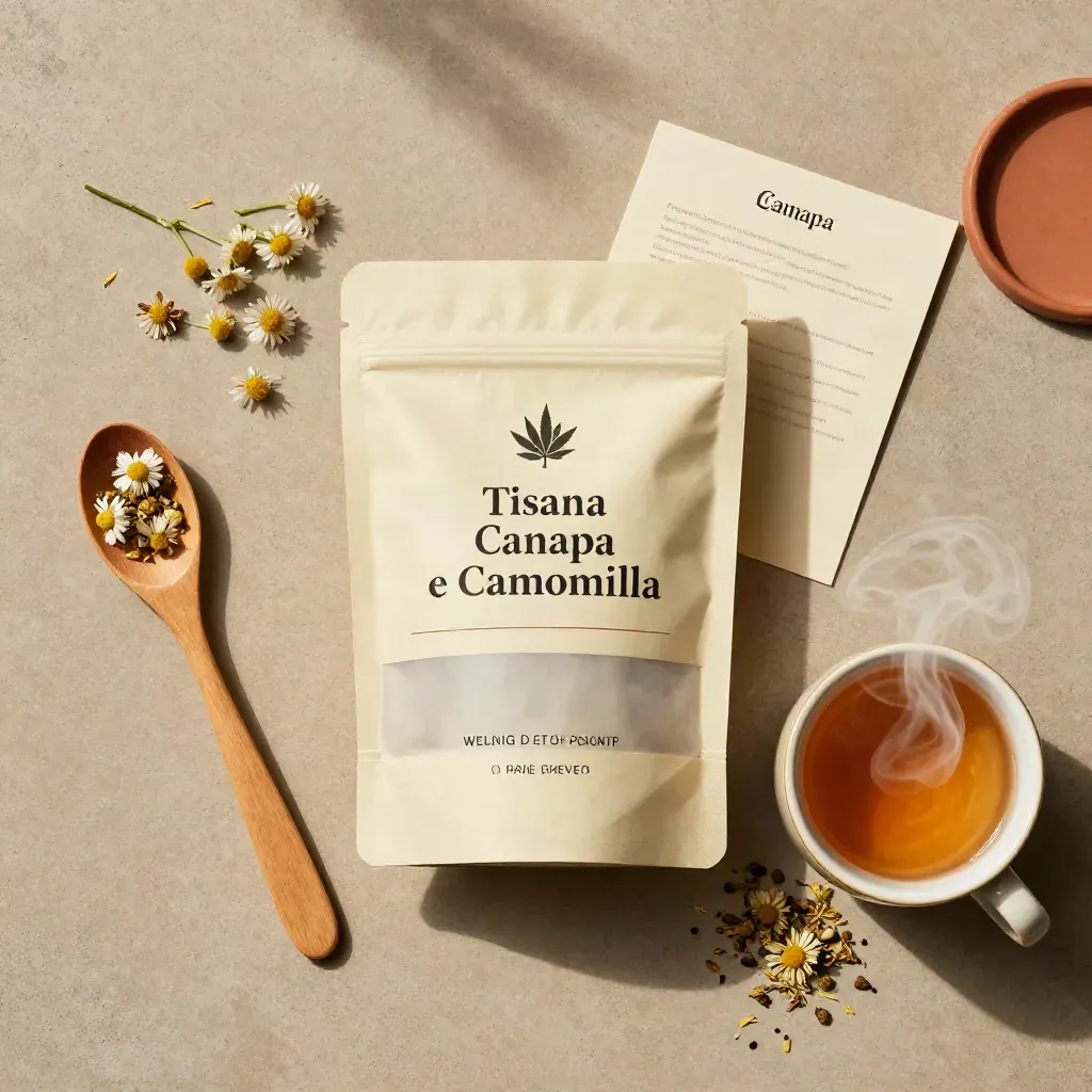 Tisana alla canapa e camomilla con fiori, cucchiaio di legno e tazza fumante
