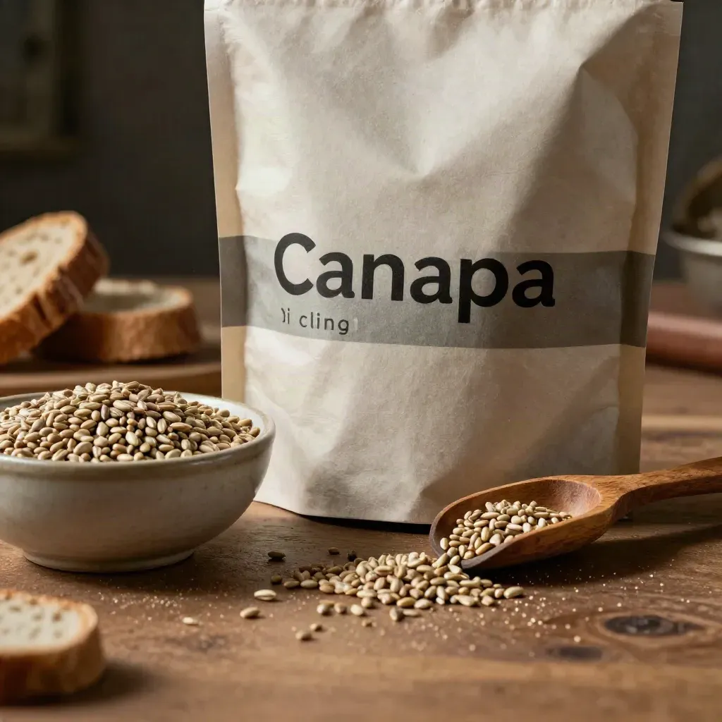 Busta neutra di semi di canapa bio con ciotola, cucchiaio di legno e pane rustico sfocato.