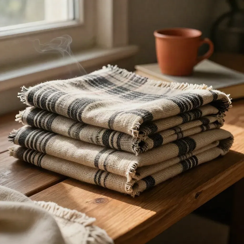Plaid in canapa piegato su panca di legno con tazza in ceramica e libro sfocati
