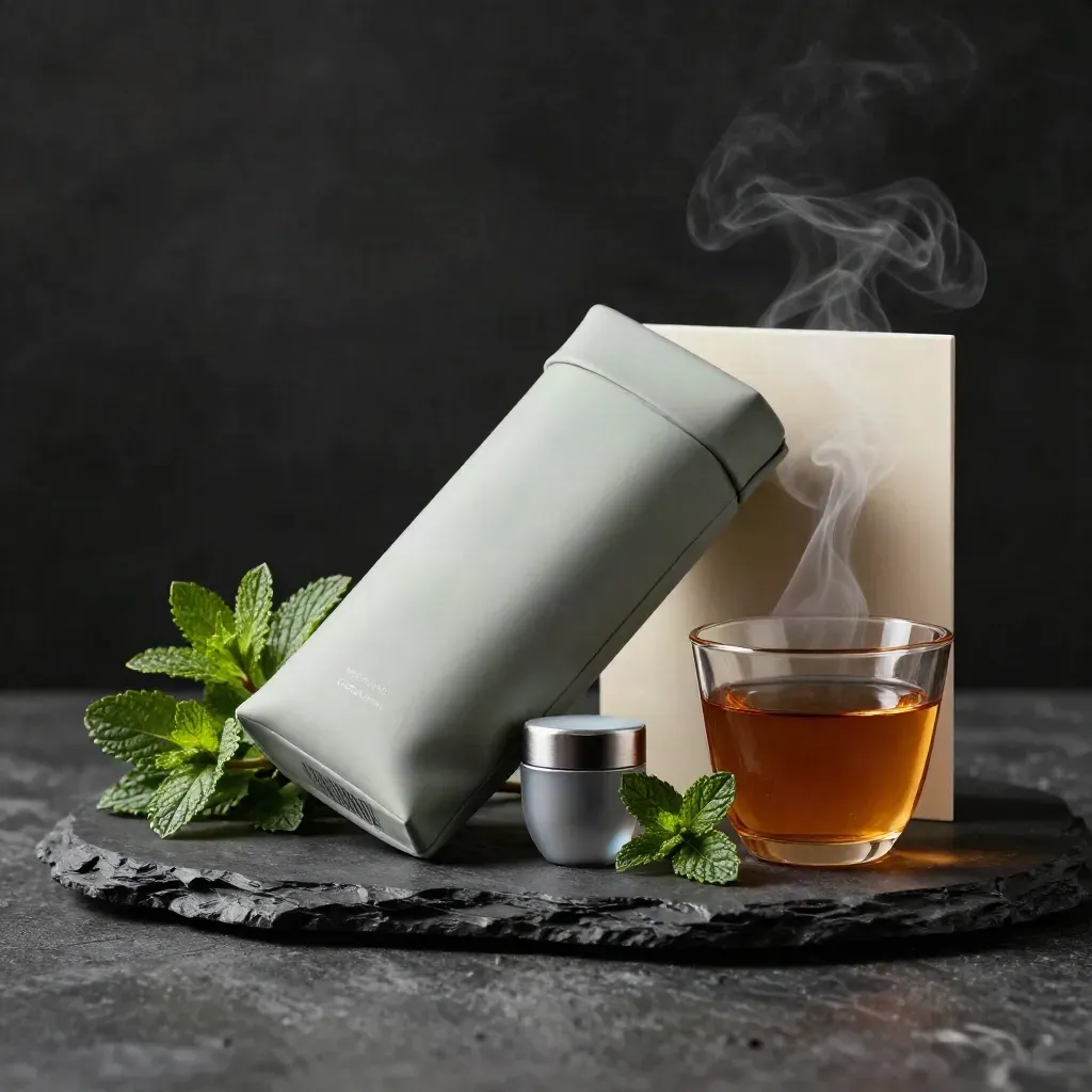 Infuso canapa e menta con menta fresca, infusore opaco e tazza ambrata su fondo scuro.