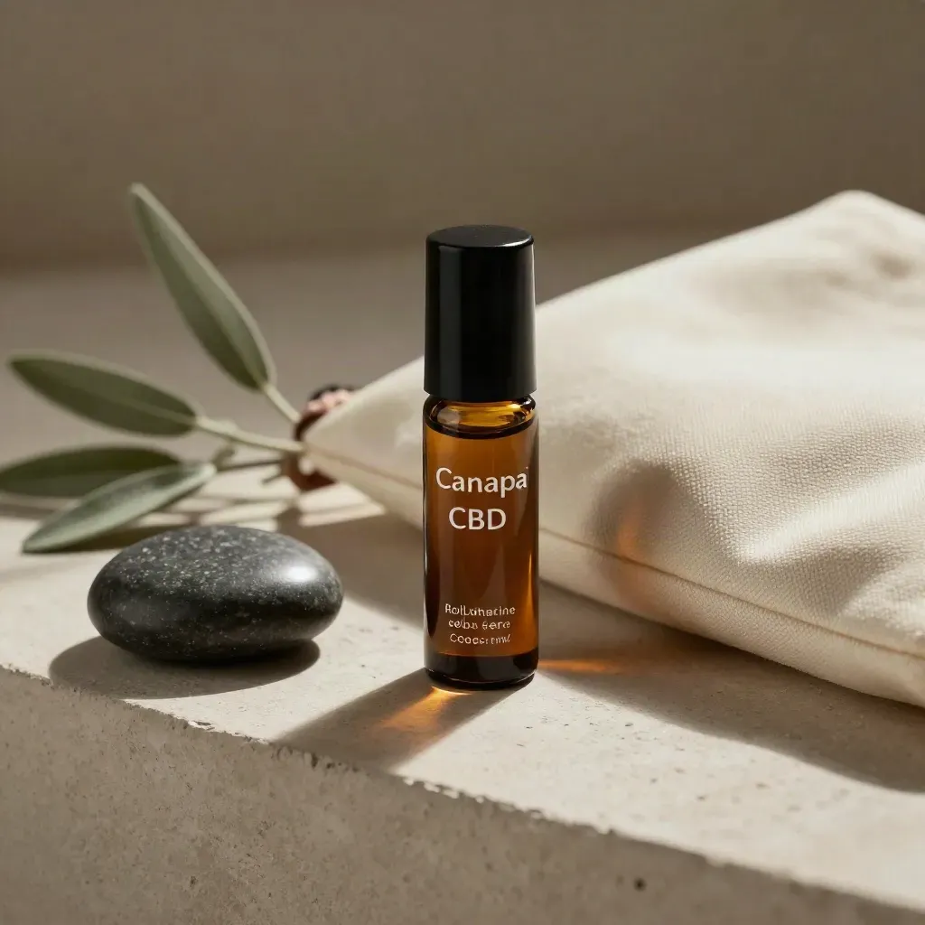 Roll-on CBD ambrato con tappo nero accanto a custodia morbida, pietra scura e rametto aromatico.