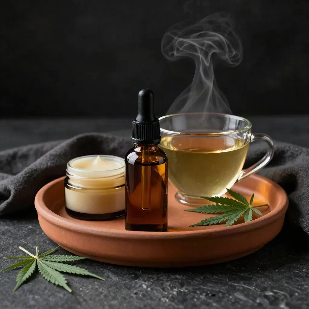 Kit sera Canapa con olio, tisana e balsamo su ceramica terracotta, luce drammatica e vapore.