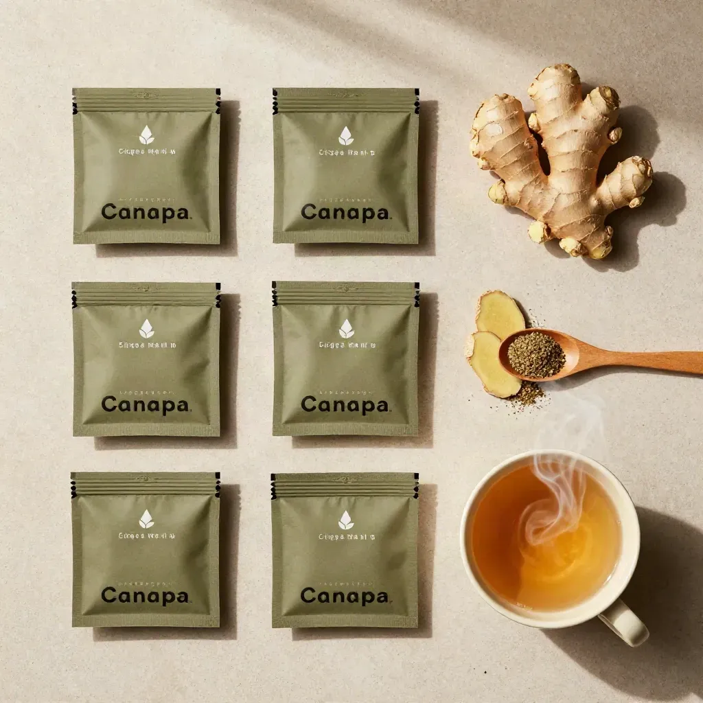 Flat lay con filtri di tè, zenzero e tazza fumante su pietra chiara.