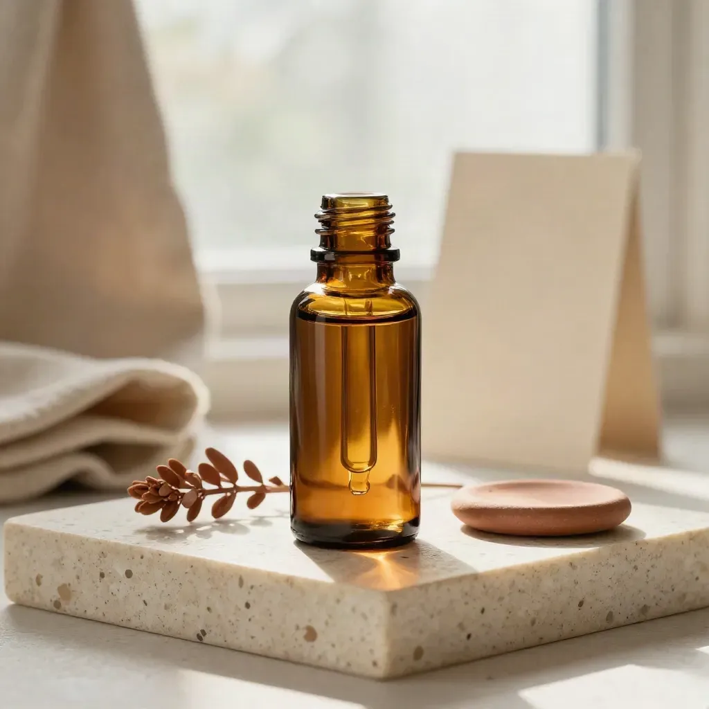 Bottiglia ambrata di olio CBD su pietra crema con rametto botanico e disco ceramico.