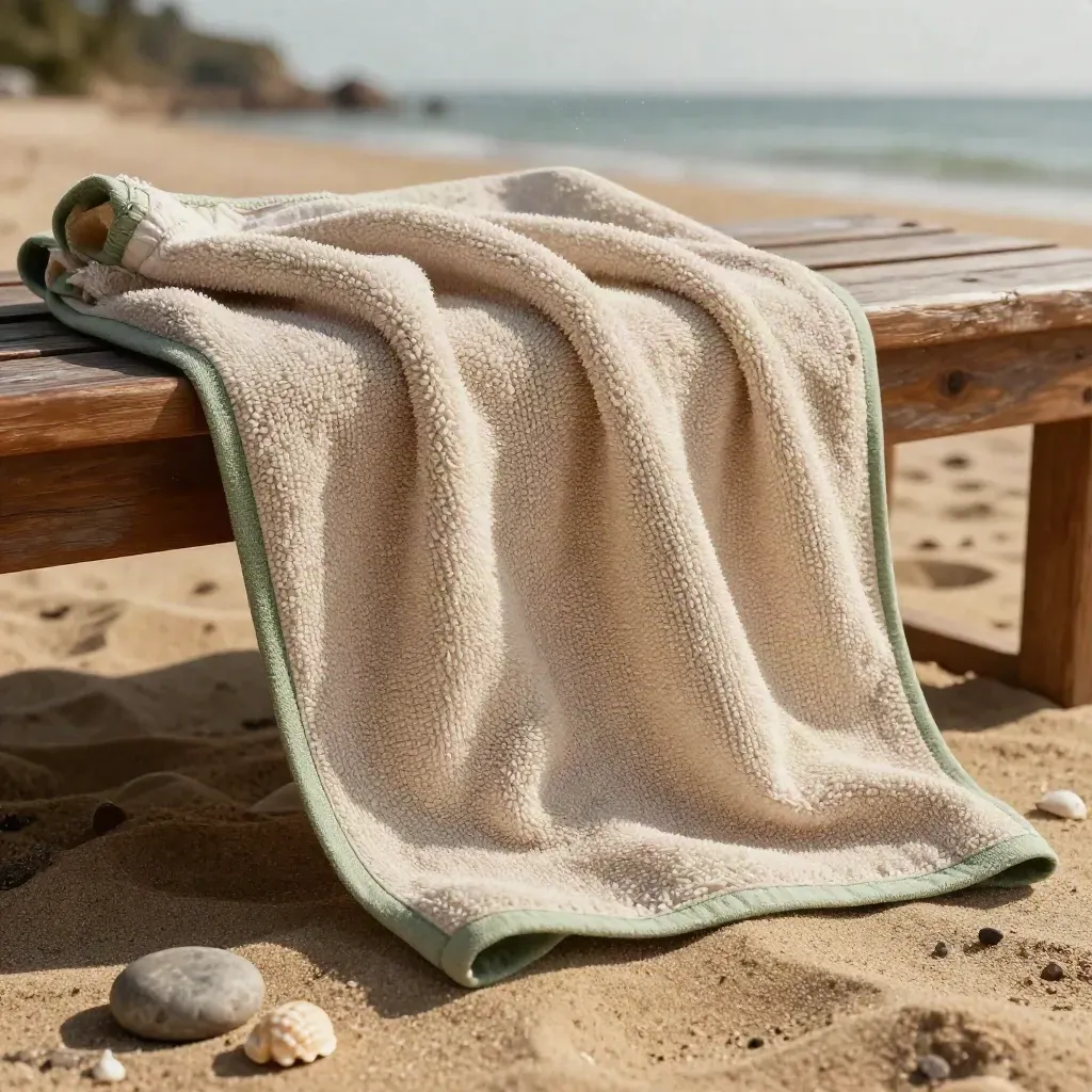 Telo mare in canapa piegato su panca di legno con sabbia, conchiglie e pietra marina.