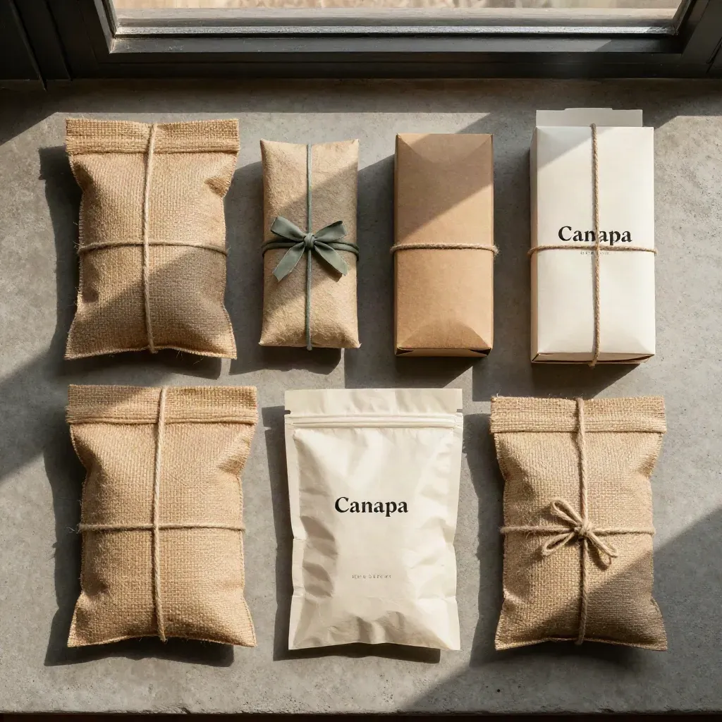 Flatlay dall'alto del kit rivenditori Canapa, confezioni neutre legate con spago su cemento.