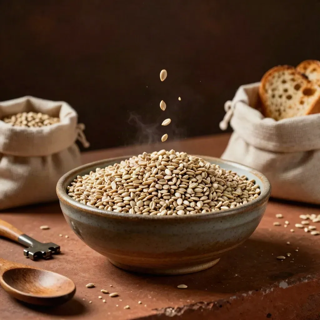Ciotola di semi di canapa con cucchiaio rustico, pane tostato sfocato e atmosfera scura