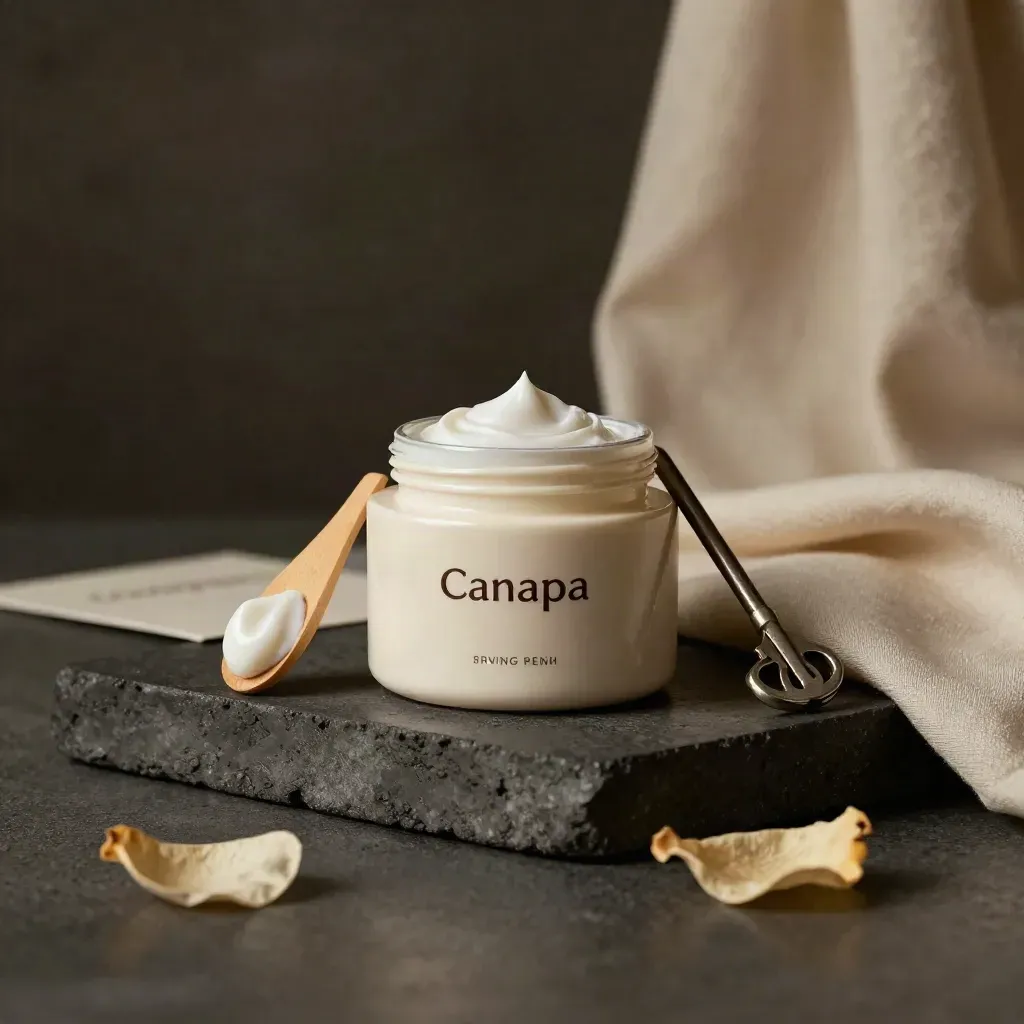 Vasetto crema viso canapa con spatolina, petalo secco e tessuto su base scura drammatica