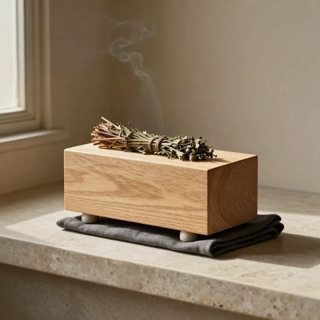 Diffusore in legno chiaro con erbe secche su pietra e panno scuro, luce radente