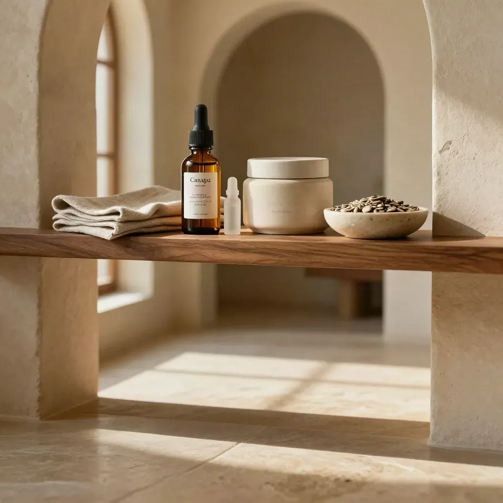 Interno minimale in pietra con prodotti CBD e mensola in legno, luce naturale dall’alto.