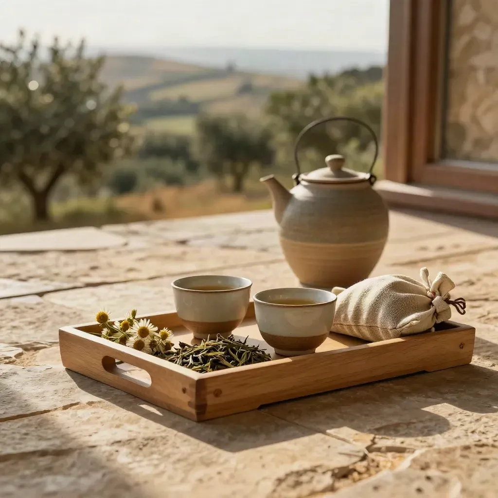 Terrazza in pietra con tisane, erbe secche e colline sfocate al tramonto.
