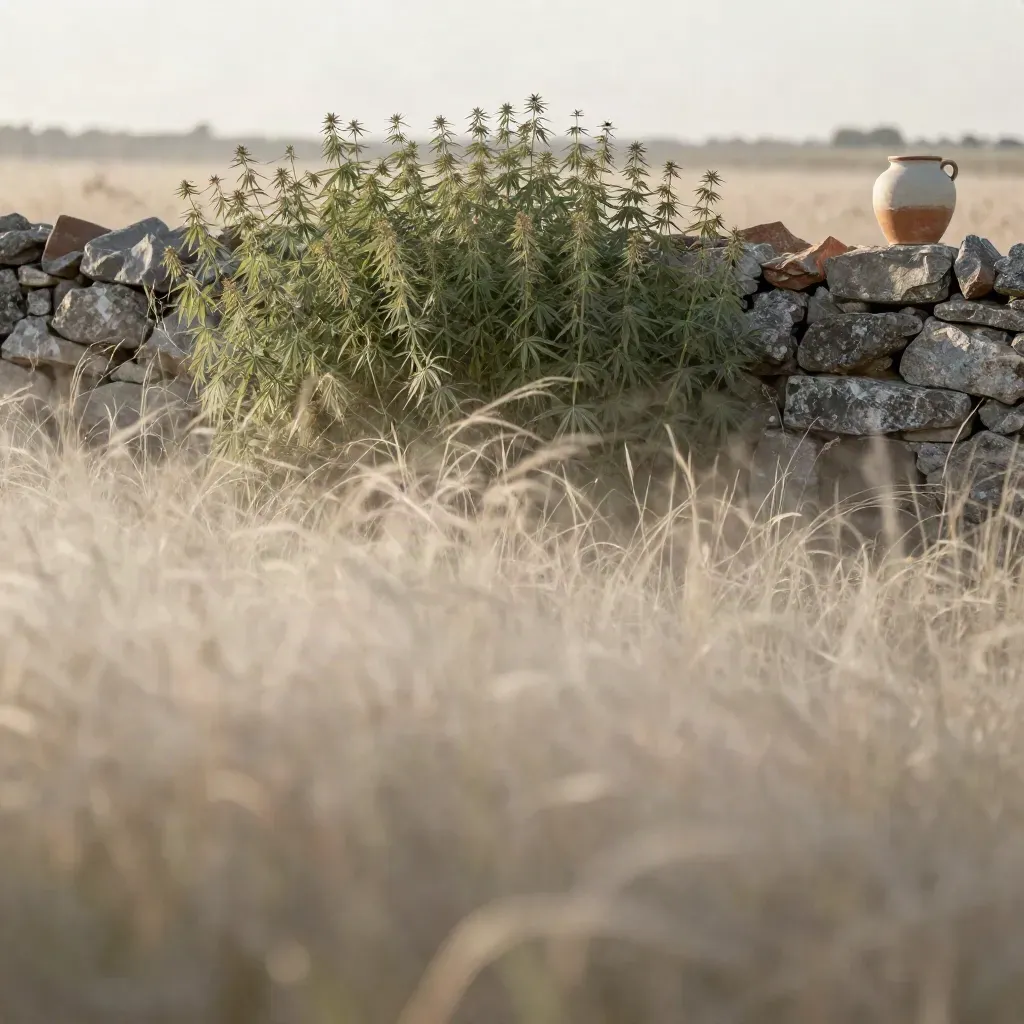 Paesaggio con canapa sfocata, muretto di pietra e piccolo vaso crema, con spazio morbido per il testo.