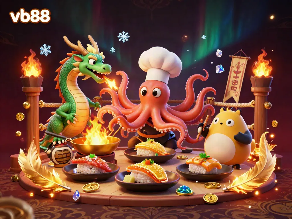 Experience thrilling gameplay at vb88 with a dynamic 3D scene where a sushi chef octopus prepares golden dishes.