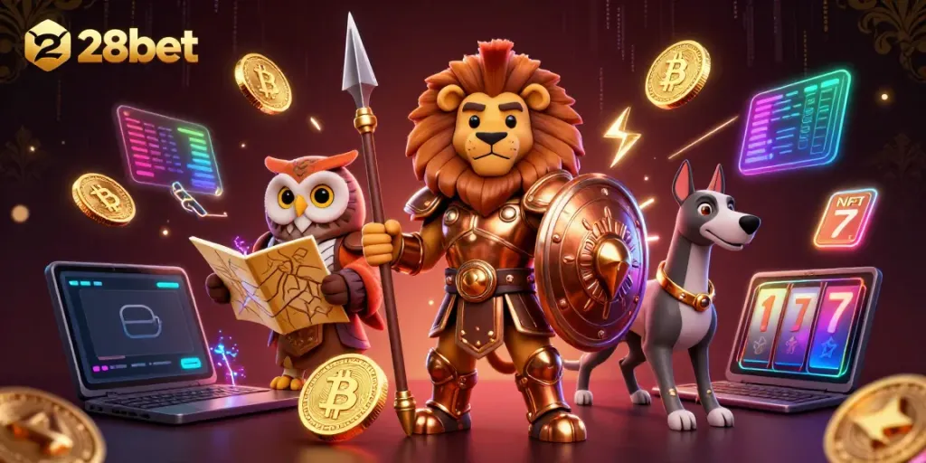 28bet gaming scene featuring a Spartan lion, tactical owl, and greyhound surrounded by crypto elements.
