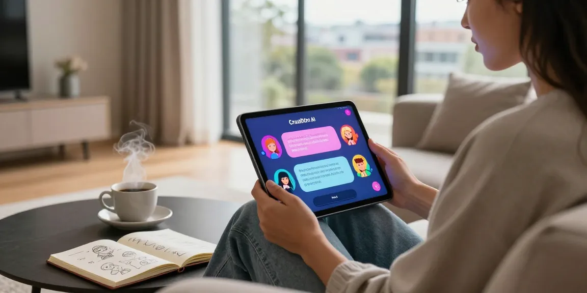Engaging session on sex chat ai with a vibrant conversation displayed on a tablet in a cozy living room.
