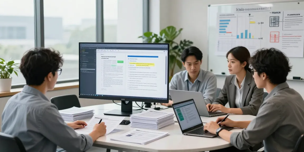 Document fraud detection analysis with professionals reviewing digital discrepancies in a modern office setting.